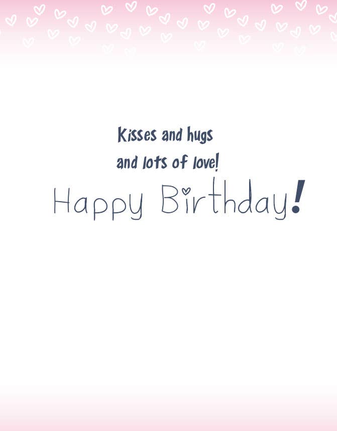 Horse Birthday Card: Horse Kiss with 'Happy Birthday!' text on a pink gradient background with heart patterns.