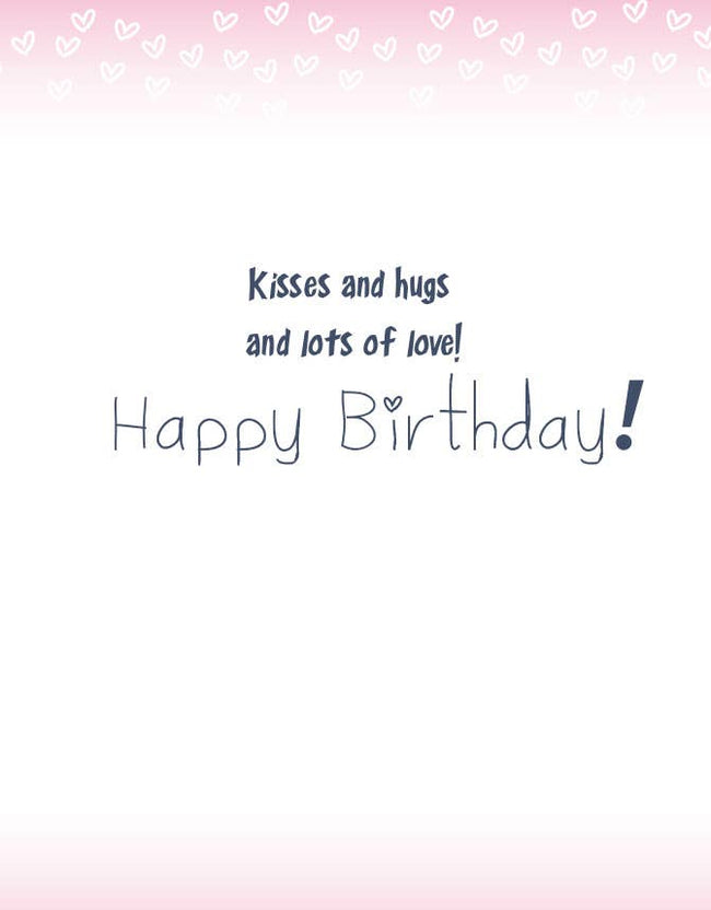 Horse Birthday Card: Horse Kiss with 'Happy Birthday!' text on a pink gradient background with heart patterns.