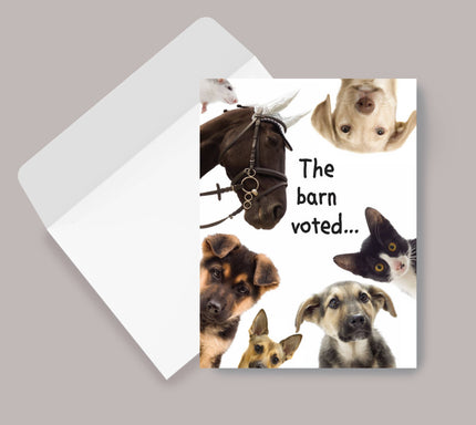 Horse Birthday Card: The Barn Voted with images of animals and text 'The barn voted...' on a gray background