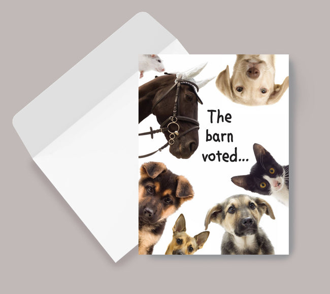 Horse Birthday Card: The Barn Voted with images of animals and text 'The barn voted...' on a gray background