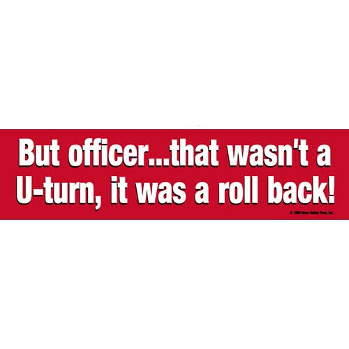 Red bumper sticker with white text on a red background