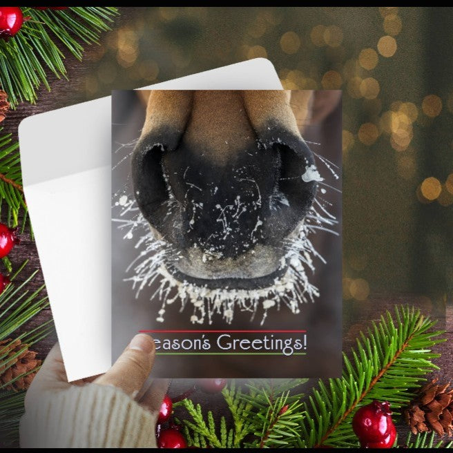 Christmas card with a horse's nose and 'Seasons Greetings!' text, surrounded by festive decorations.