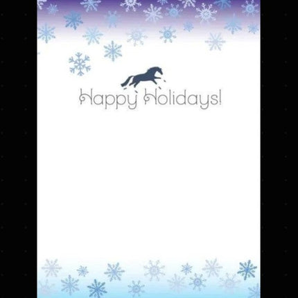 Horse Christmas Card - Galloping - with a horse and 'Happy Holidays!' text on a snowflake-themed background.