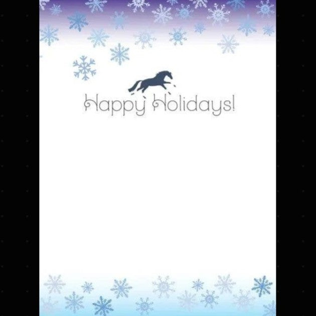 Horse Christmas Card - Galloping - with a horse and 'Happy Holidays!' text on a snowflake-themed background.