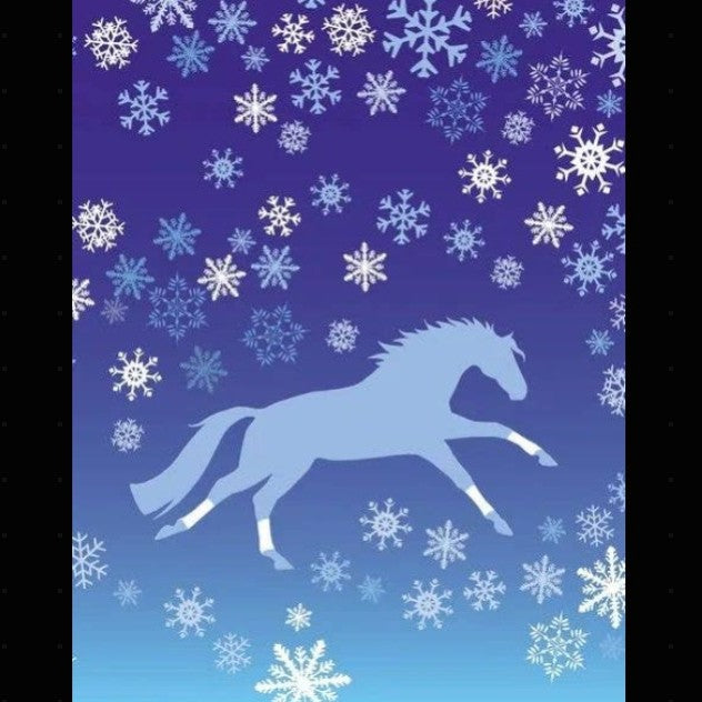 Horse Christmas Card - Galloping - Blue horse silhouette with snowflakes on a blue background