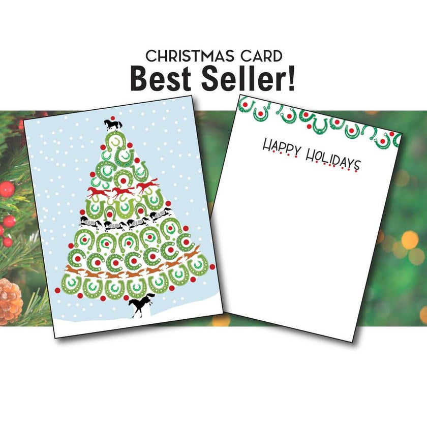 Horse Christmas Card - Horse Shoes with a tree design and 'Happy Holidays' text, labeled as a best seller.