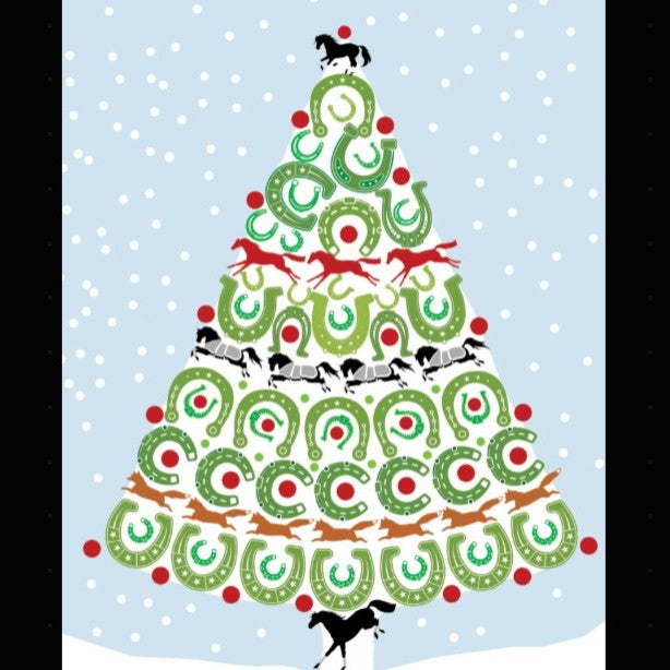 Horse Christmas Card - Horse Shoes - Christmas tree made of green wreaths with red bows and black horse figures on a light blue background.