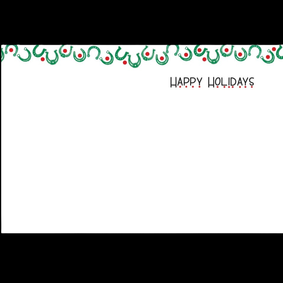 Horse Christmas Card - Horse Shoes - Holiday-themed border with 'Happy Holidays' text on a white background