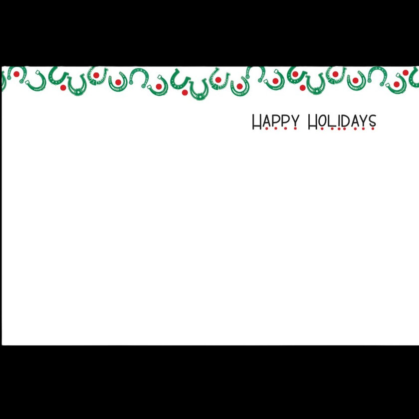 Horse Christmas Card - Horse Shoes - Holiday-themed border with 'Happy Holidays' text on a white background