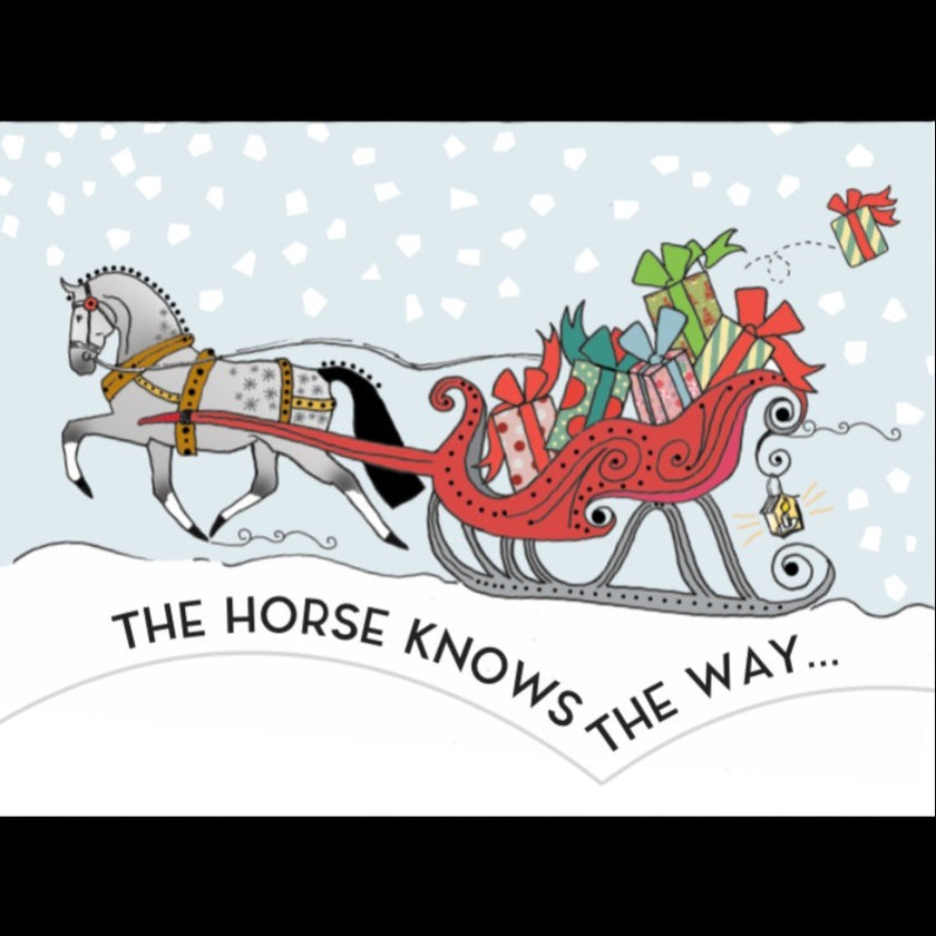 Horse Christmas Card - Santa Knows - Cartoon horse pulling a sleigh with presents against a snowy background