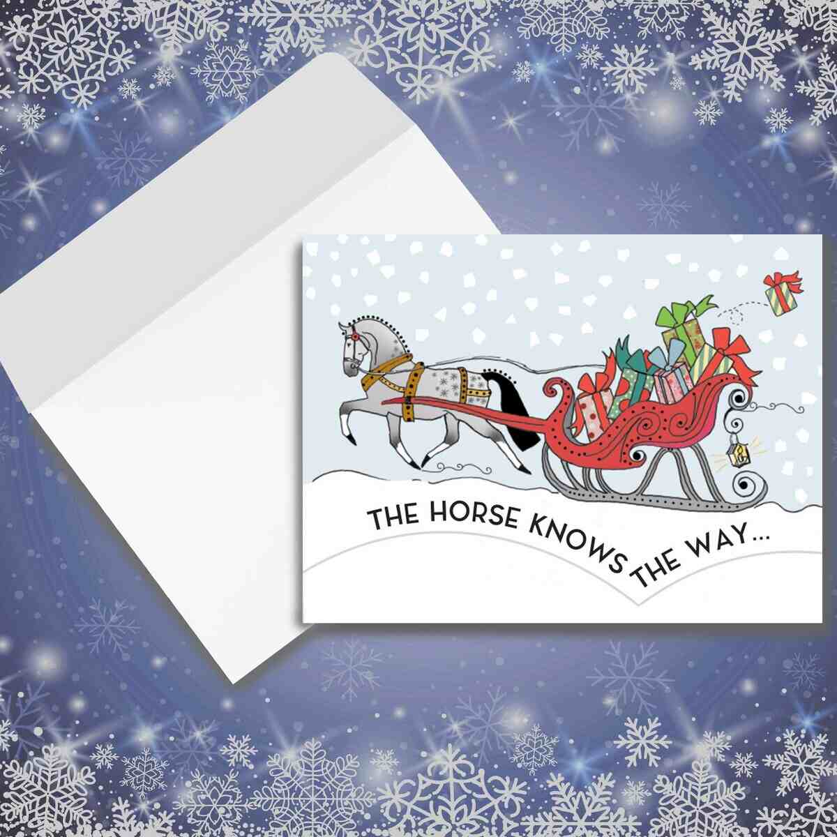 Horse Christmas Card - Santa Knows - with horse-drawn sleigh and text on a snowy background