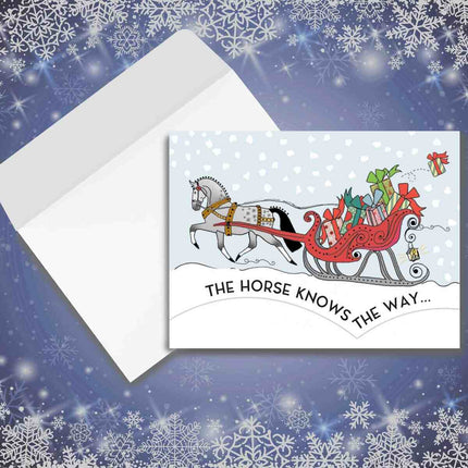 Horse Christmas Card - Santa Knows - with horse-drawn sleigh and text on a snowy background