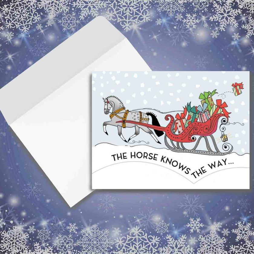 Horse Christmas Card - Santa Knows - with horse-drawn sleigh and text on a snowy background