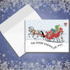 Horse Christmas Card - Santa Knows - with horse-drawn sleigh and text on a snowy background