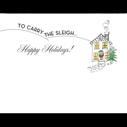 Horse Christmas Card - Santa Knows with a house, tree, and text 'To carry the sleigh... Happy Holidays!' on a white background.