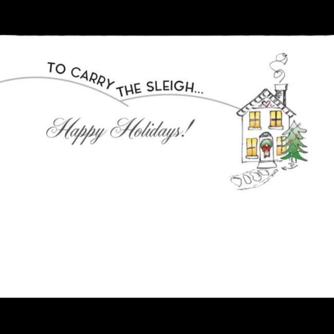 Horse Christmas Card - Santa Knows with a house, tree, and text 'To carry the sleigh... Happy Holidays!' on a white background.