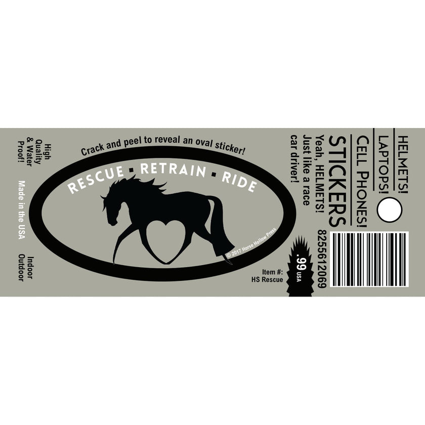 Horse Laptop, Cell Phone & Helmet Sticker: Rescue, Retrain, Ride showing product details on packaging 2