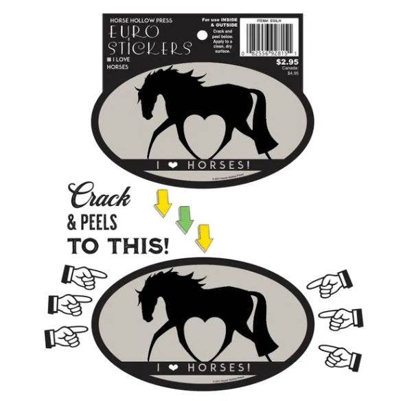 Horse Sticker: showing it in the package and then what it looks like after crack and peel, out of the package.