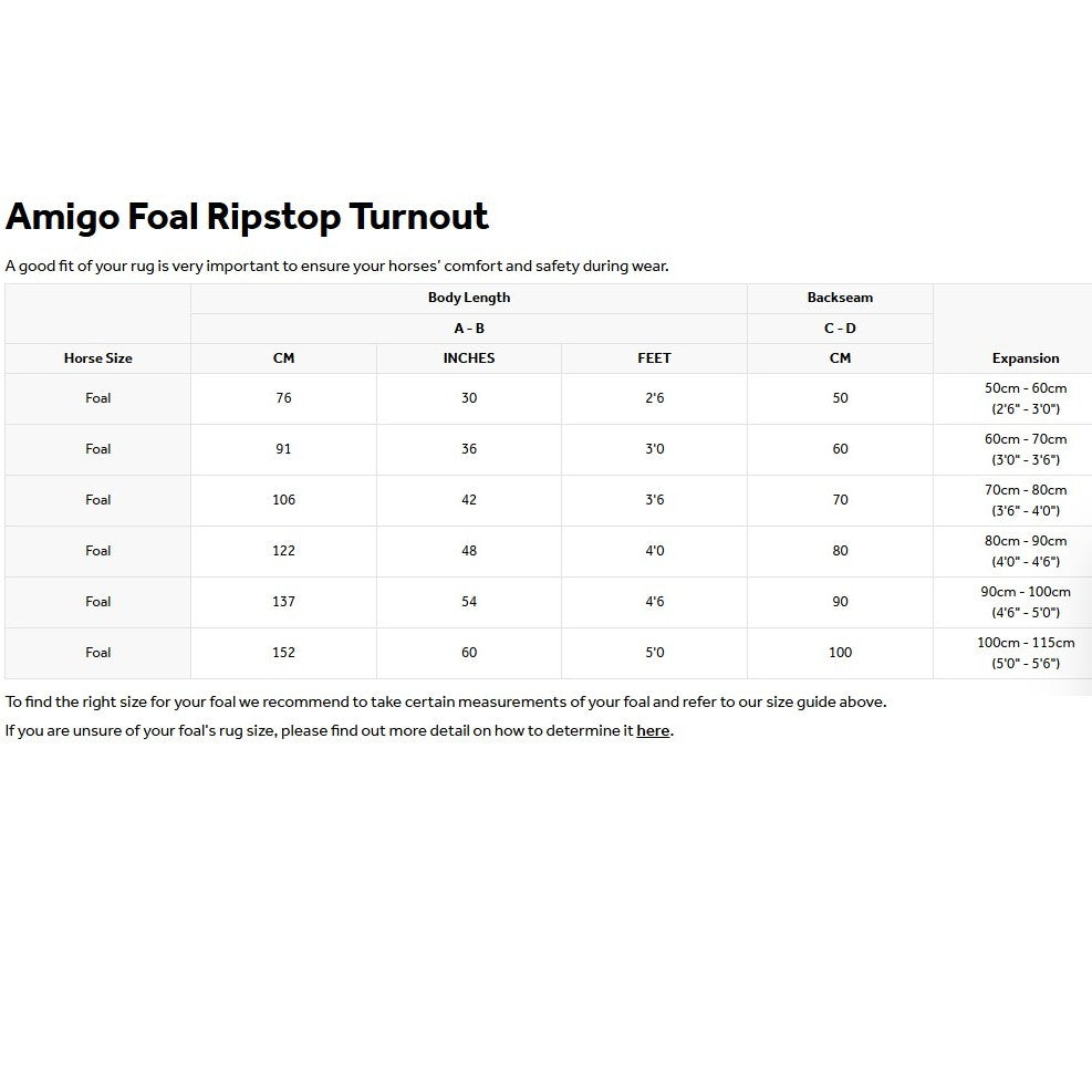 Horseware® Amigo Ripstop 900D Foal Turnout 200g size guide.