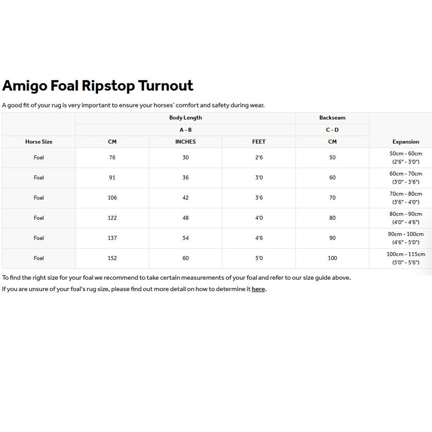 Horseware® Amigo Ripstop 900D Foal Turnout 200g size guide.