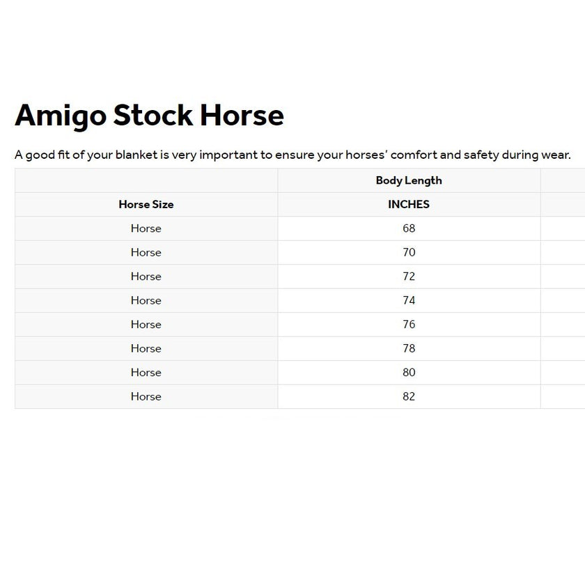 Horseware® Amigo® Stock Horse Turnout (200g Medium) Size Chart
