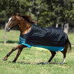 Horse wearing a black and turquoise Horseware® Mio Turnout (Lite 0g) running on grass with trees in the background