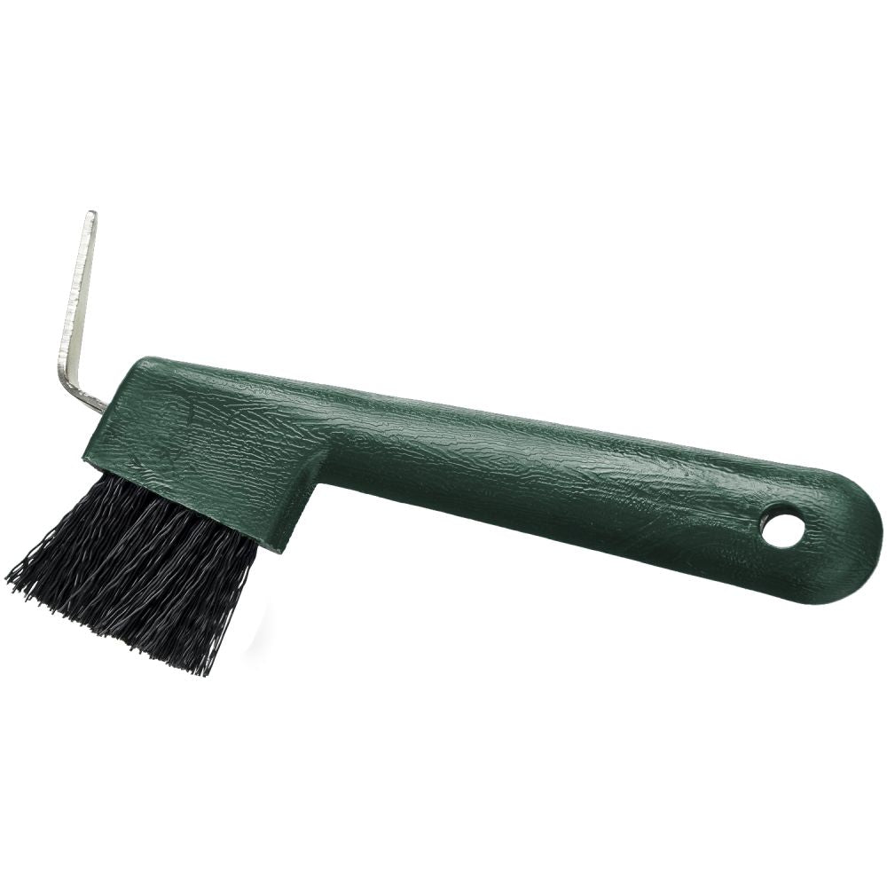 Tough1 Hoof Pick / Brush Combo in hunter green with hole for hanging.