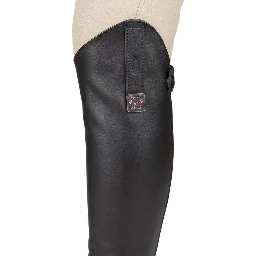 Huntley Equestrian Custom Fit Premium Leather Half Chaps top detail of brand logo