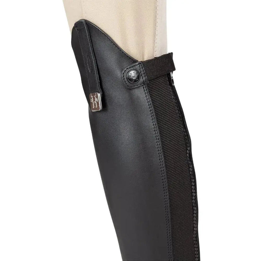 Huntley Equestrian Custom Fit Premium Leather Half Chaps detail of top with snap