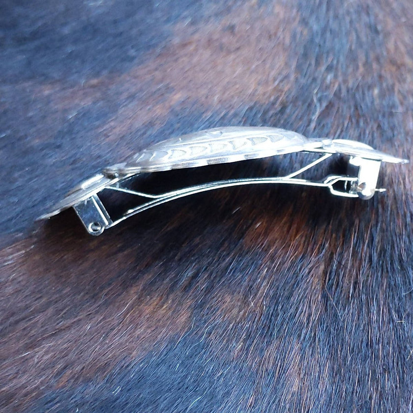 Julie Rose Originals - Silver Western Hairclip, Southwestern Style showing detail of clip closure.