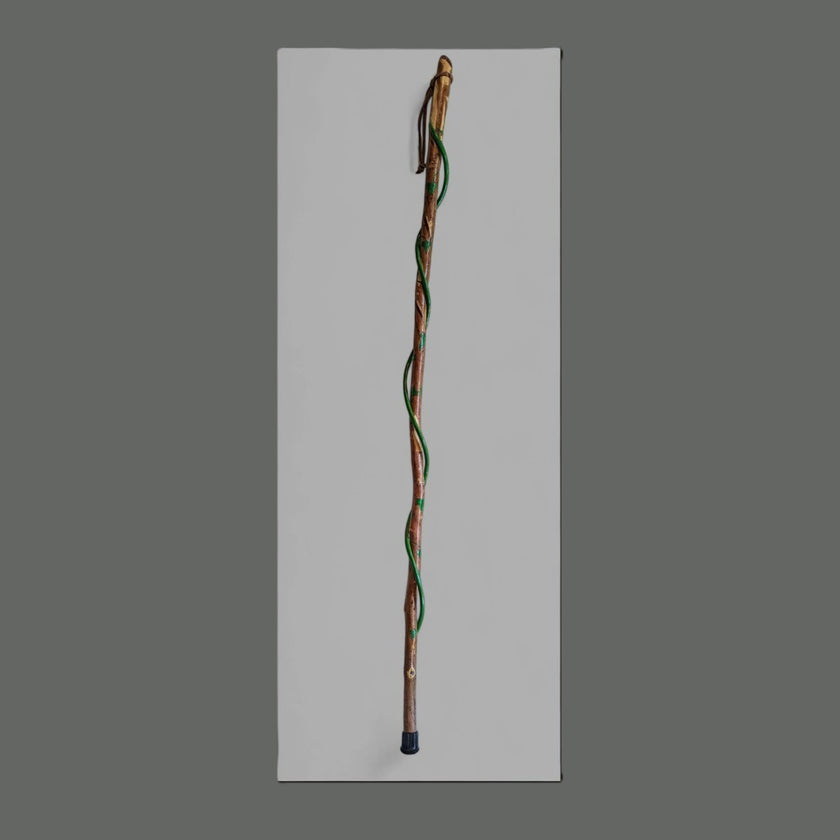 Full view of Walking stick with decorative vine pattern on a gray background