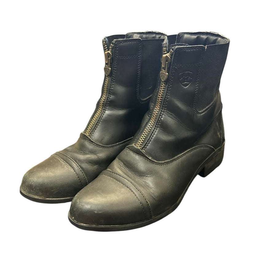 Pair of black leather KHS-E 8.5 Ariat Paddock Boots with front zippers 