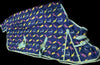 Navy blue horse blanket with colorful dinosaur pattern and green trim and closure belts and hooks