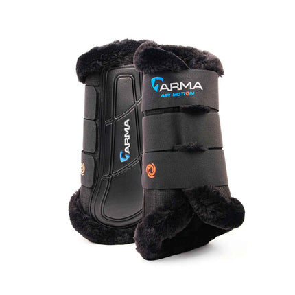Pair of black protective boots with Arma branding 