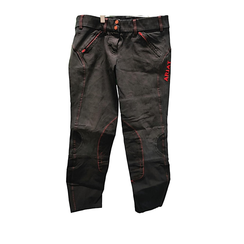 KHS-E Ariat® Front Zip Knee Patch Breeches front view of black with red accents
