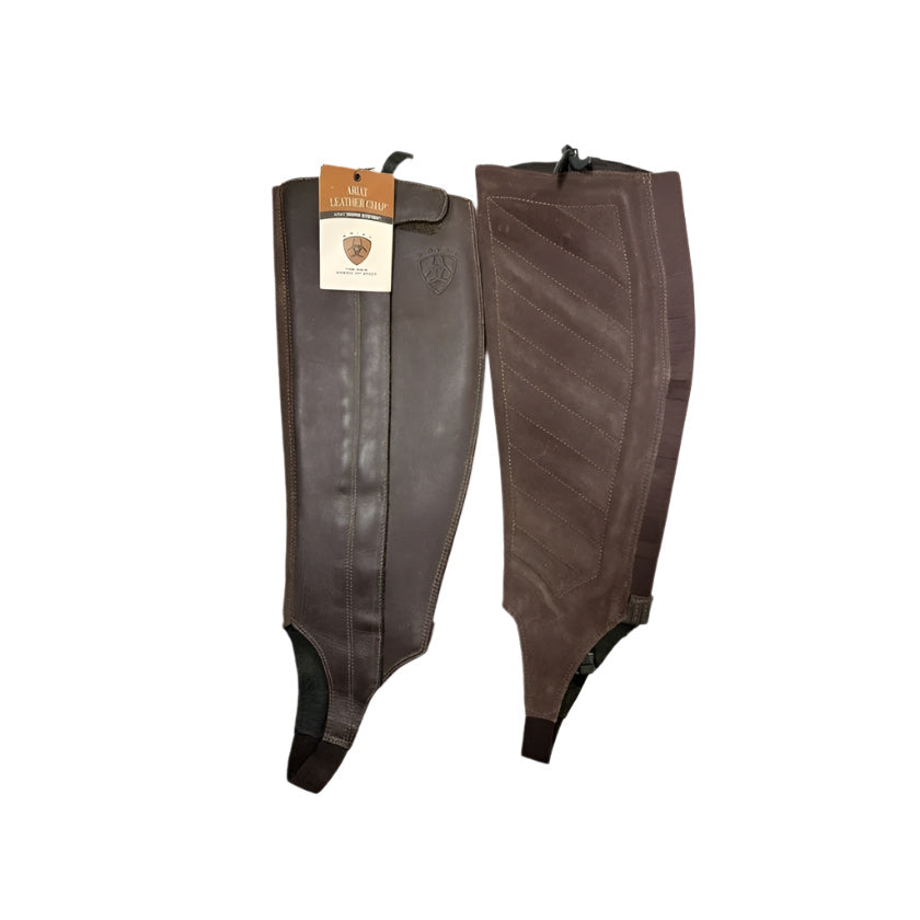 KHS-E Ariat Leather with Suede Half Chaps showing a brown pair with tags