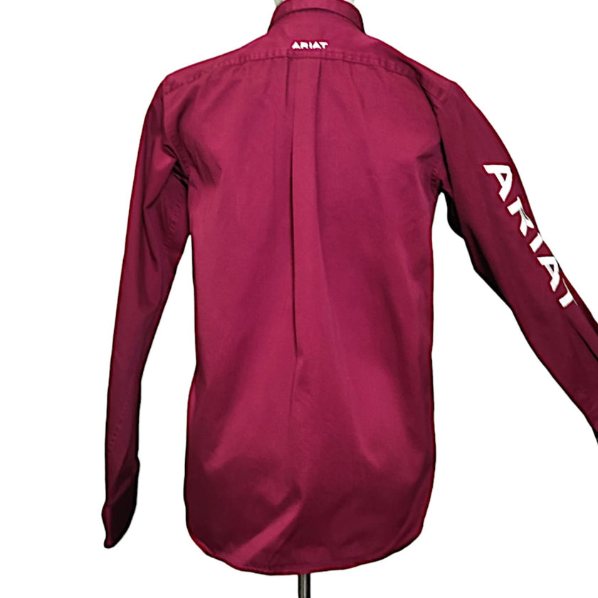 KHS-E Ariat® Western Boys Maroon long sleeve Shirt back with ARIAT writing on the right sleeve in all capital white letters