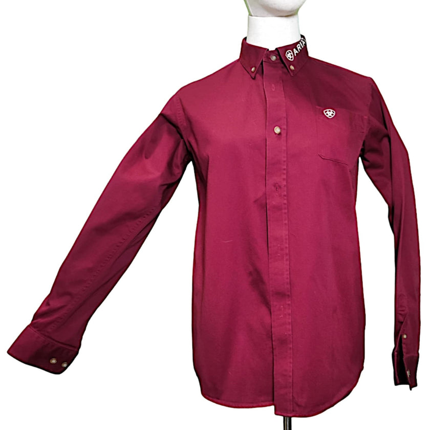 KHS-E Ariat® Western Boys long sleeve Shirt front, maroon, size 14-16