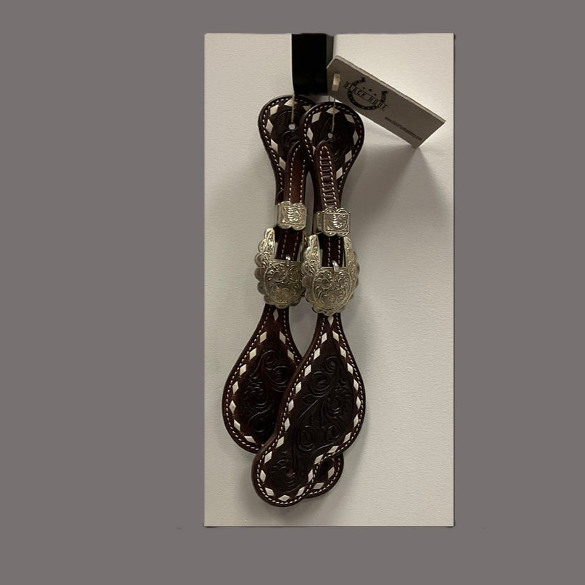 KHS-E Black Hook Floral Tooled Spur Straps