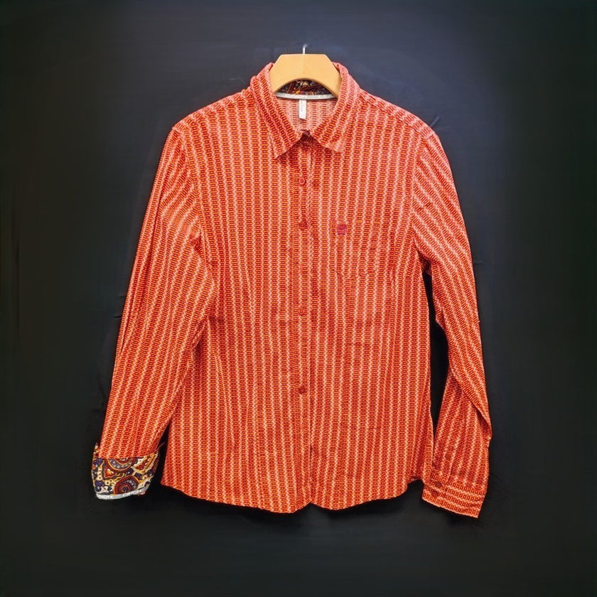 KHS-E Cinch Button Up Orange Show Shirt (L). Orange striped / patterned with cuffs and inside collar decor.