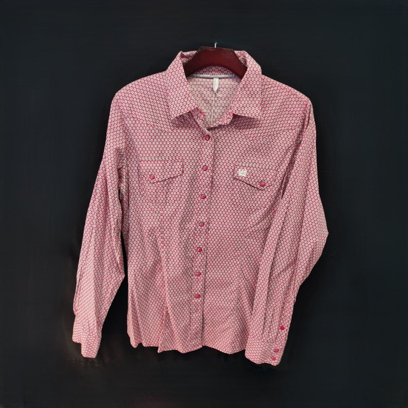 KHS-E Cinch Button Up Show Shirt (L) Pink patterned 