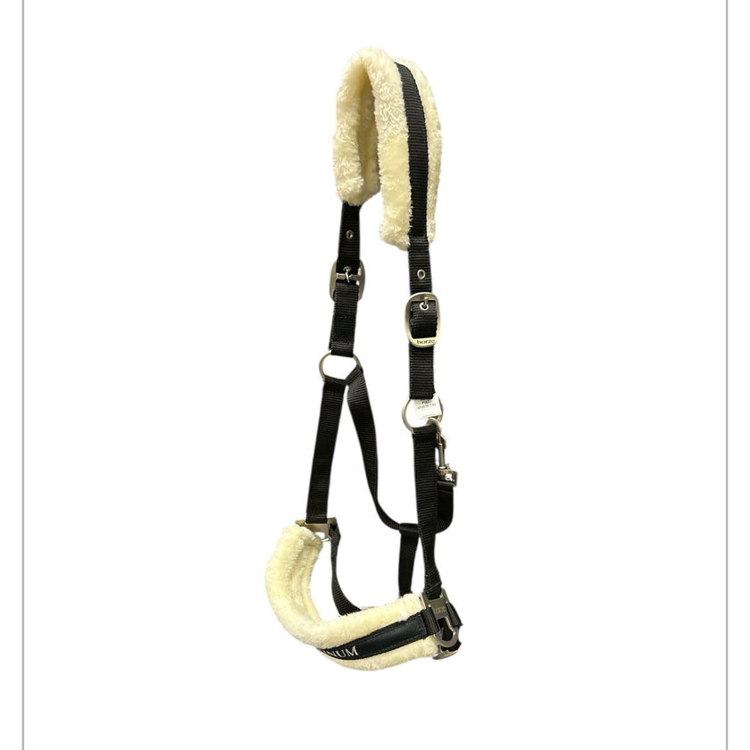 Horse halter with black straps and white fleece padding KHS-E F Horze Platinum Halter