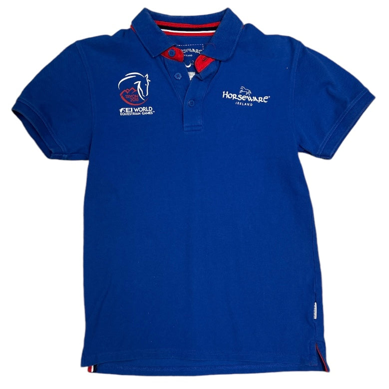 KHS-E Horseware® Tryon Polo Shirt - A blue polo shirt with red trim under the collar and a logo on the chest, with short sleeves.