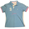 A blue and white Joules women's polo shirt with pink collar and details.