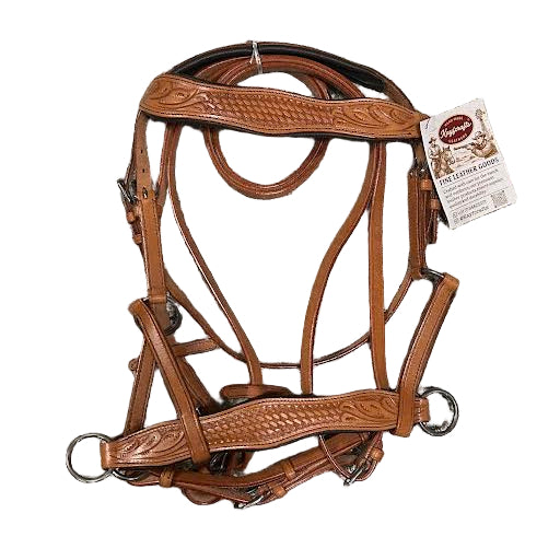 KHS-E KayfCrafts Side Pull Bitless Bridles Brown leather horse bridle with intricate designs on a white background