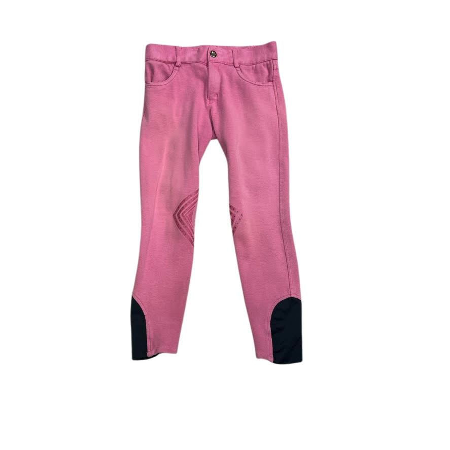 KHS-E Kids M Ovation Knee Patch Breech - Pink riding pants with black accents on a white background