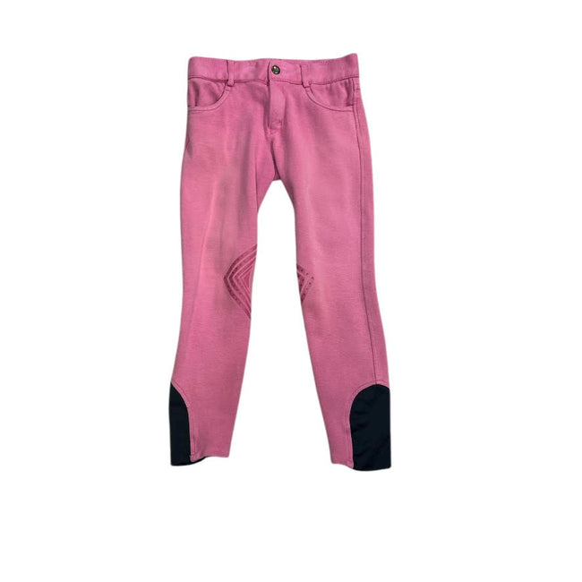 KHS-E Kids M Ovation Knee Patch Breech - Pink riding pants with black accents on a white background