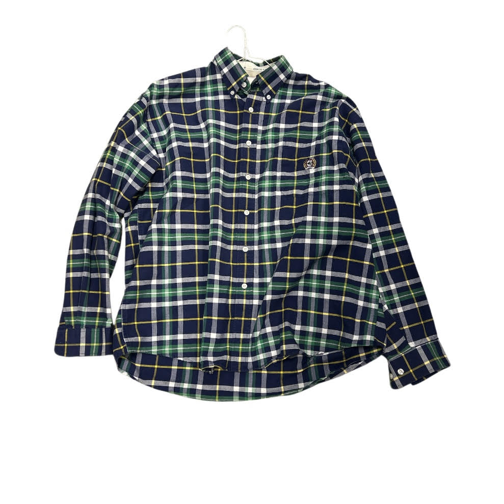 KHS-E M Men's Cinch Up Button Up Shirt - Plaid shirt with green, blue, and white pattern on a white background