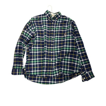 KHS-E M Men's Cinch Up Button Up Shirt - Plaid shirt with green, blue, and white pattern on a white background