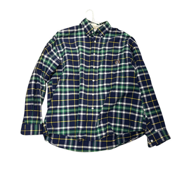 KHS-E M Men's Cinch Up Button Up Shirt - Plaid shirt with green, blue, and white pattern on a white background
